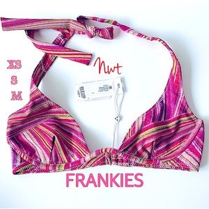 Frankie’s halter underwire Dance pink red bikini shimmer top plunge NWT XS,S,M